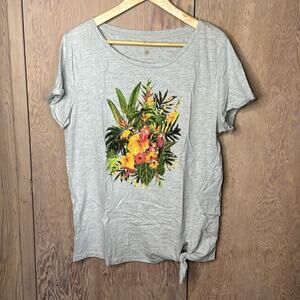 Ruff Hewn Gray Flowers Parrots Tied Bottom T-Shirt Size Large